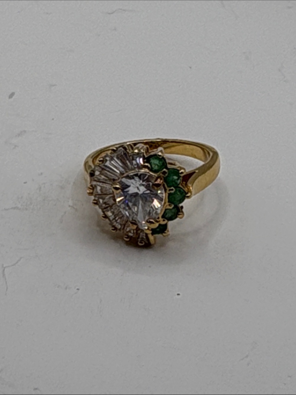 Vintage Gold Tone Cocktail Ring Clear CZ & Emerald Green Stones Ring Size 8